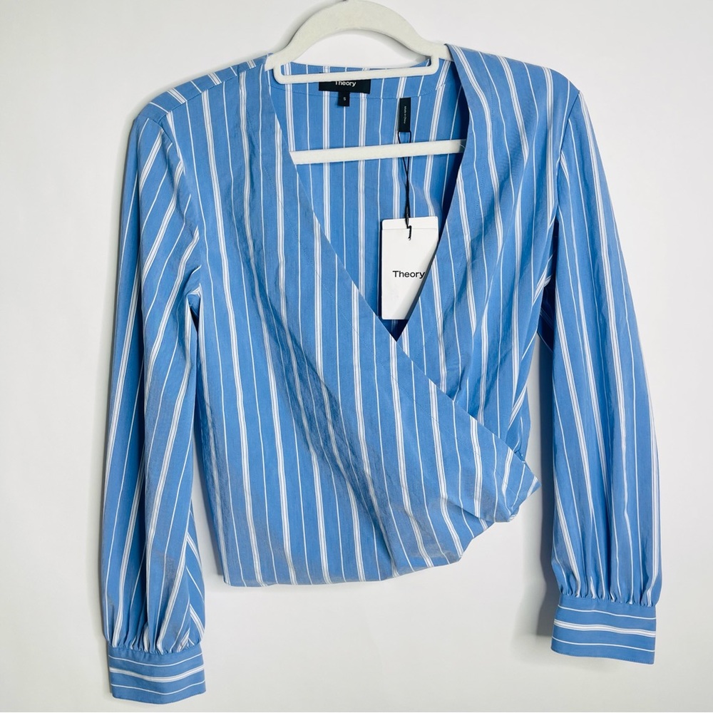 Theory Blue and White Striped Blouse
